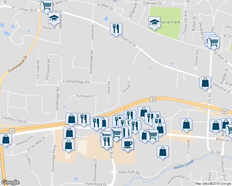 map of restaurants, bars, coffee shops, grocery stores, and more near 2448 Country Club Drive in Jefferson City