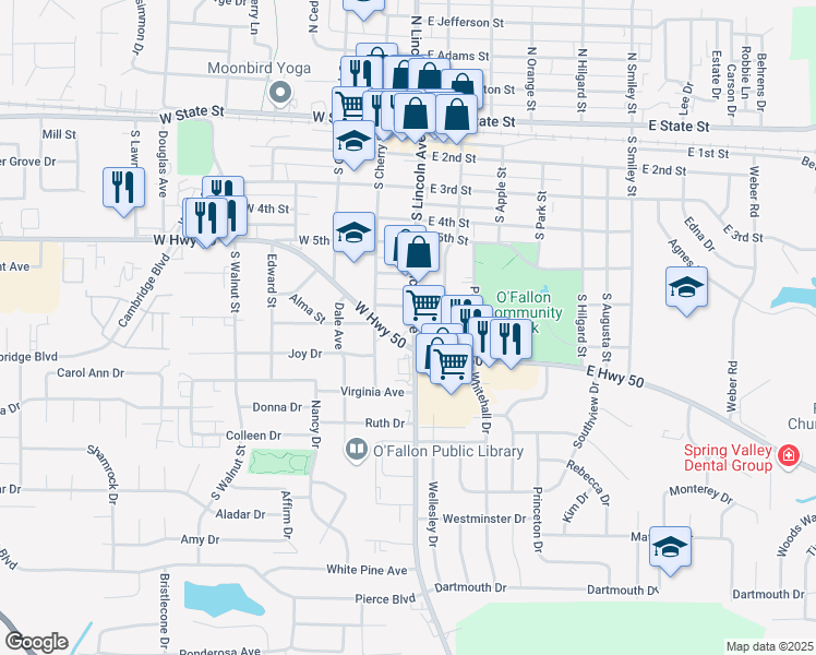 map of restaurants, bars, coffee shops, grocery stores, and more near 723 South Lincoln Avenue in O'Fallon