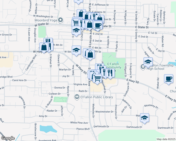 map of restaurants, bars, coffee shops, grocery stores, and more near 723 South Lincoln Avenue in O'Fallon