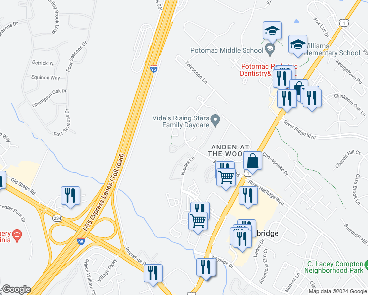 map of restaurants, bars, coffee shops, grocery stores, and more near 3405 Tuckahoe Court in Dumfries