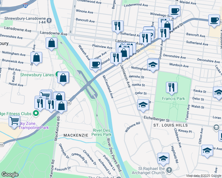 map of restaurants, bars, coffee shops, grocery stores, and more near 6770 Neosho Street in St. Louis