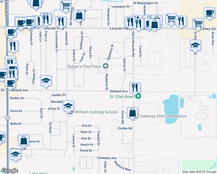 map of restaurants, bars, coffee shops, grocery stores, and more near 326 Bayberry Drive in Fairview Heights