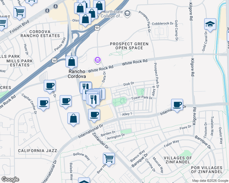 map of restaurants, bars, coffee shops, grocery stores, and more near 10857 Wraysbury Way in Rancho Cordova
