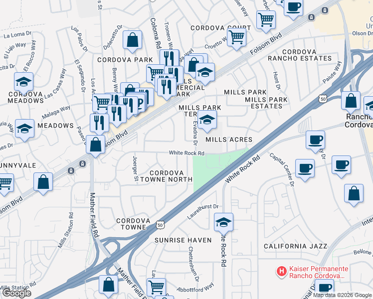 map of restaurants, bars, coffee shops, grocery stores, and more near 10425 White Rock Road in Rancho Cordova