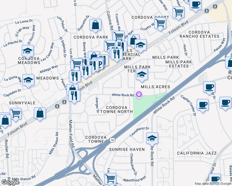 map of restaurants, bars, coffee shops, grocery stores, and more near 10409 White Rock Road in Rancho Cordova