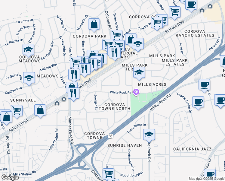 map of restaurants, bars, coffee shops, grocery stores, and more near 10409 White Rock Road in Rancho Cordova