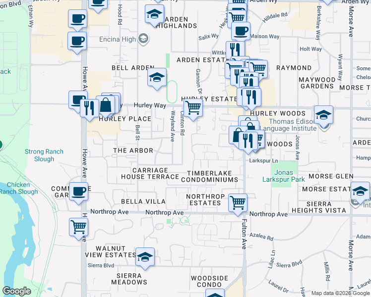 map of restaurants, bars, coffee shops, grocery stores, and more near 1121 Clinton Road in Sacramento