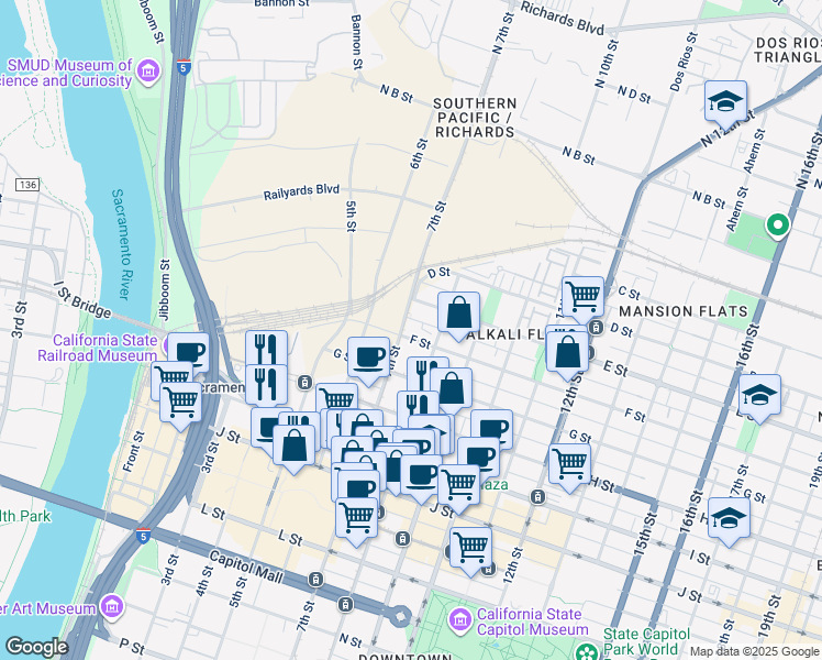 map of restaurants, bars, coffee shops, grocery stores, and more near 525 7th Street in Sacramento
