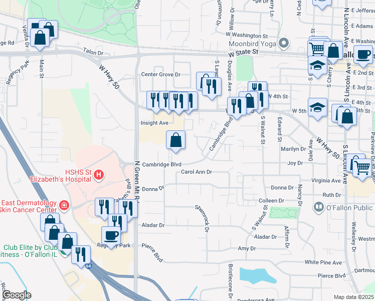 map of restaurants, bars, coffee shops, grocery stores, and more near 844 Cambridge Boulevard in O'Fallon