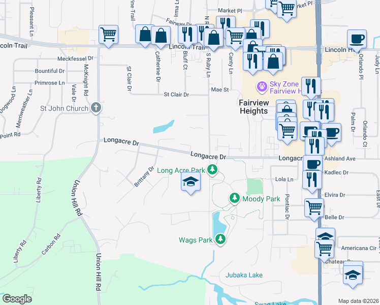 map of restaurants, bars, coffee shops, grocery stores, and more near 2 Ram Court in Fairview Heights