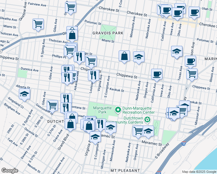 map of restaurants, bars, coffee shops, grocery stores, and more near 3153 Keokuk Street in St. Louis