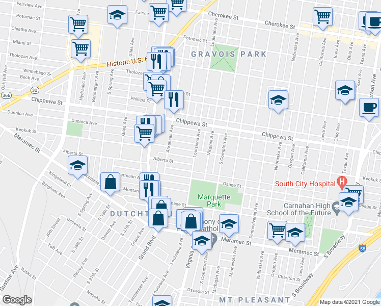 map of restaurants, bars, coffee shops, grocery stores, and more near 3408 Keokuk Street in St. Louis