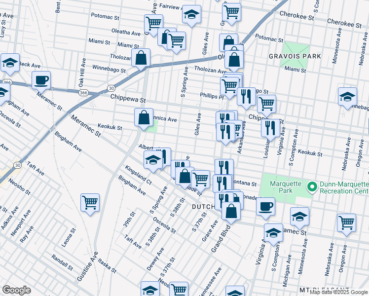 map of restaurants, bars, coffee shops, grocery stores, and more near 3915 Giles Avenue in St. Louis