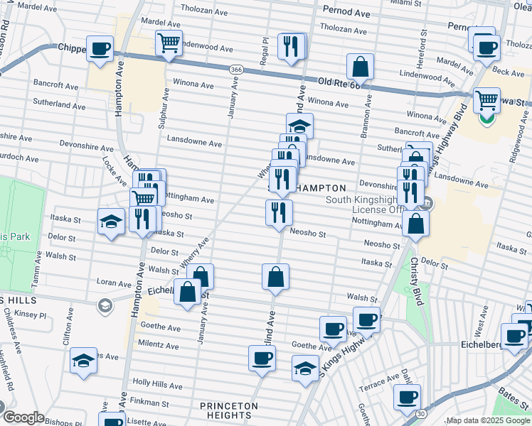 map of restaurants, bars, coffee shops, grocery stores, and more near 5410 Nottingham Avenue in St. Louis