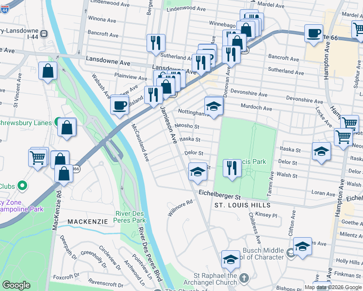 map of restaurants, bars, coffee shops, grocery stores, and more near 5108 Jamieson Avenue in St. Louis