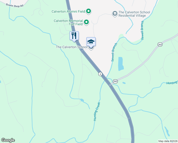 map of restaurants, bars, coffee shops, grocery stores, and more near 2424 Springbrook Court in Huntingtown