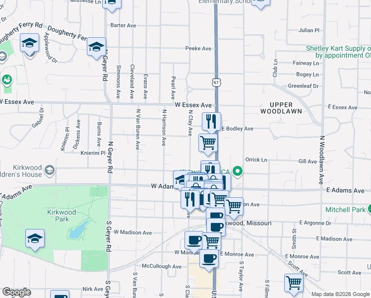 map of restaurants, bars, coffee shops, grocery stores, and more near 439 North Clay Avenue in Kirkwood