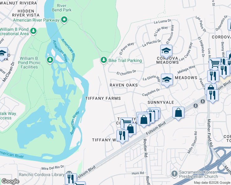 map of restaurants, bars, coffee shops, grocery stores, and more near 10001 Ravens Way in Rancho Cordova