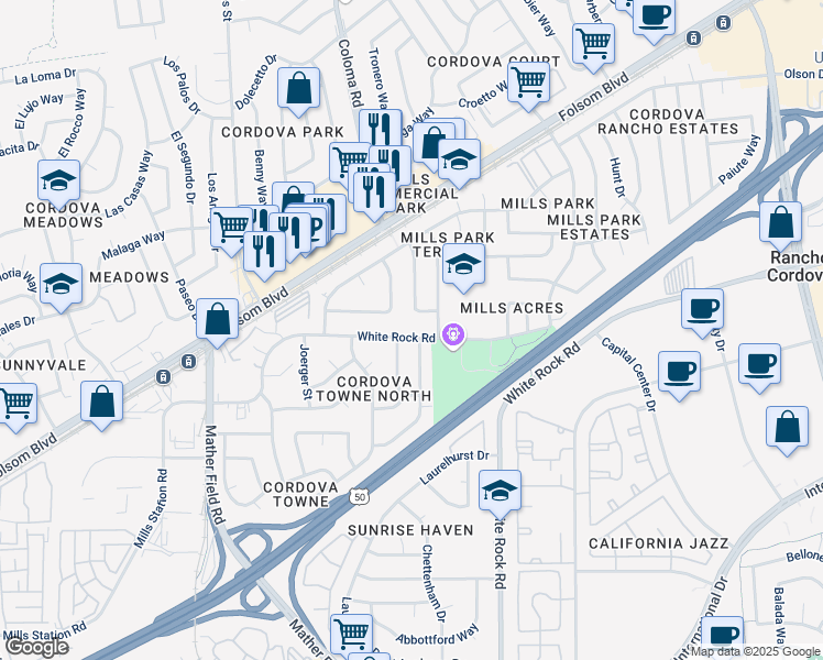 map of restaurants, bars, coffee shops, grocery stores, and more near 10425 White Rock Road in Rancho Cordova