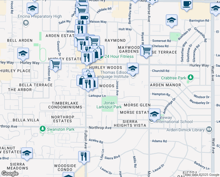 map of restaurants, bars, coffee shops, grocery stores, and more near 2729 Via Villaggio in Sacramento