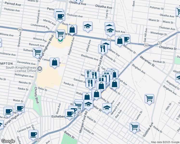 map of restaurants, bars, coffee shops, grocery stores, and more near 4332 Ellenwood Avenue in St. Louis
