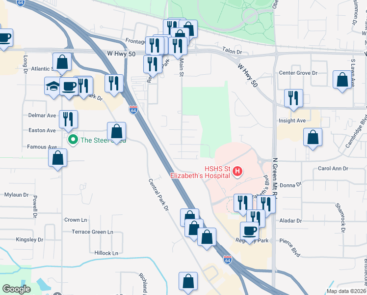 map of restaurants, bars, coffee shops, grocery stores, and more near 302 Main Street in O'Fallon