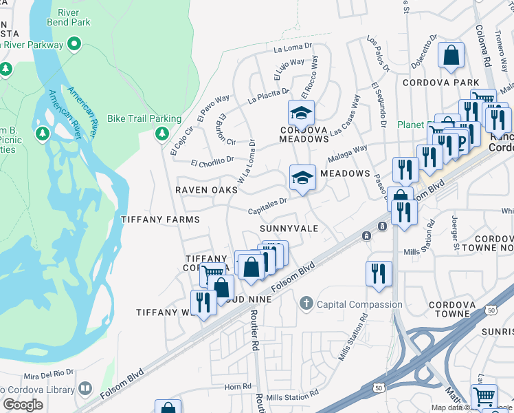 map of restaurants, bars, coffee shops, grocery stores, and more near 2605 Capitales Drive in Rancho Cordova