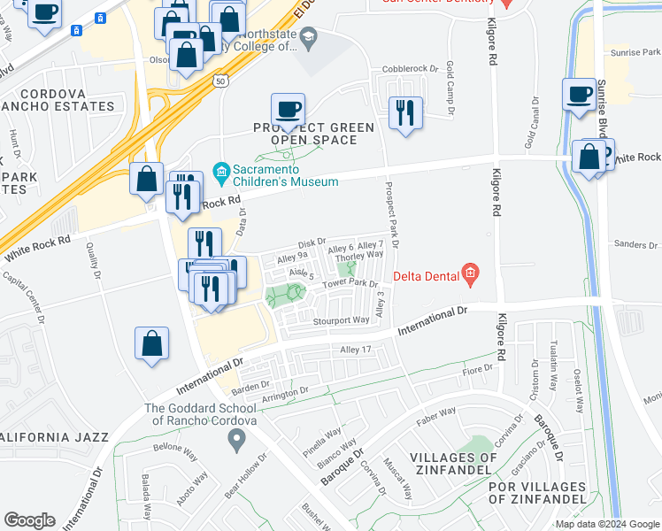map of restaurants, bars, coffee shops, grocery stores, and more near 3120 Mowbray Way in Rancho Cordova