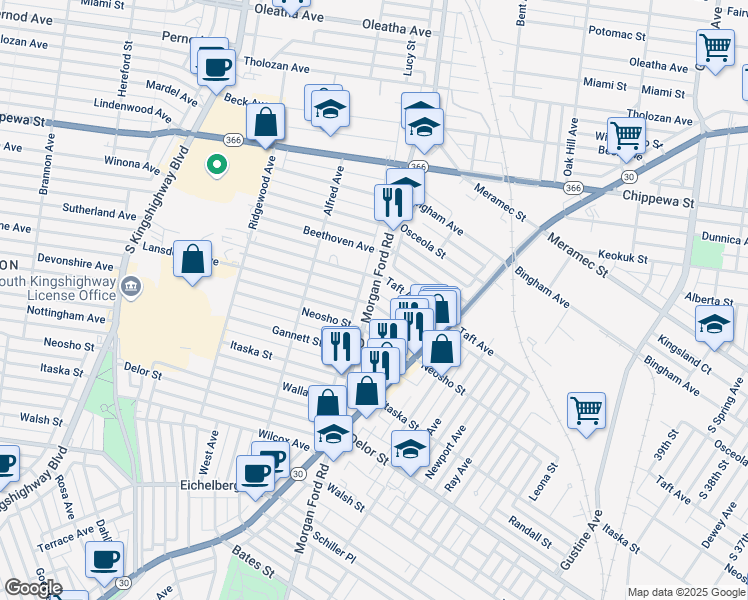map of restaurants, bars, coffee shops, grocery stores, and more near 4526 Morgan Ford Road in Saint Louis