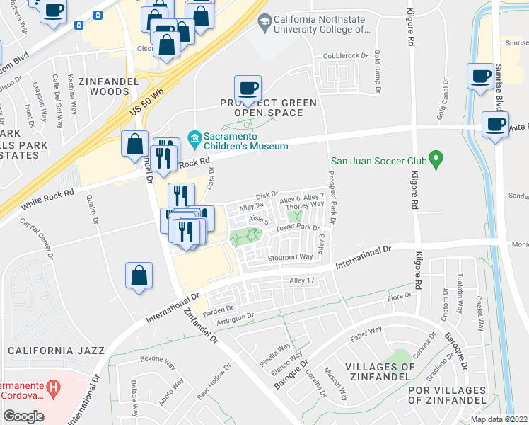 map of restaurants, bars, coffee shops, grocery stores, and more near 3113 Eades Way in Rancho Cordova