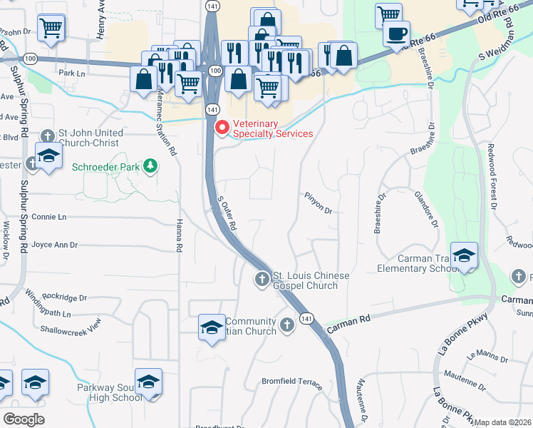 map of restaurants, bars, coffee shops, grocery stores, and more near 1047 Treeline Court in Ballwin