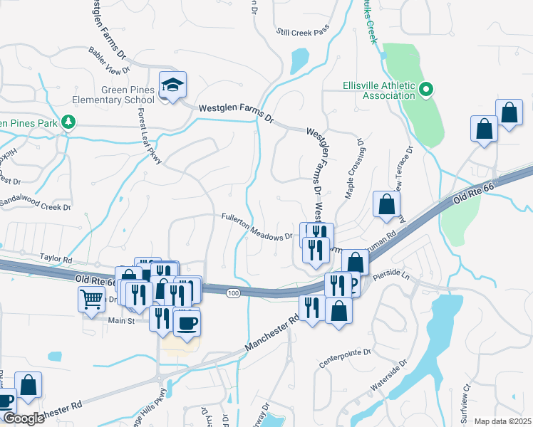 map of restaurants, bars, coffee shops, grocery stores, and more near 2436 Shiva Court in Ballwin