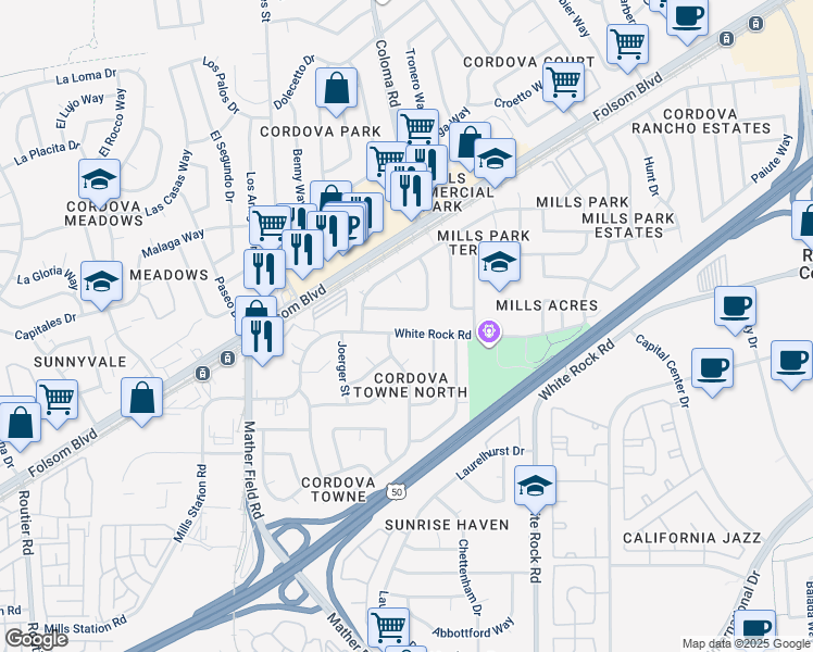 map of restaurants, bars, coffee shops, grocery stores, and more near 10409 White Rock Road in Rancho Cordova