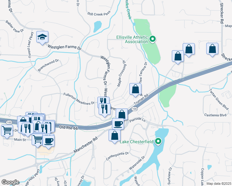 map of restaurants, bars, coffee shops, grocery stores, and more near 2540 Maple Crossing Dr in Ballwin