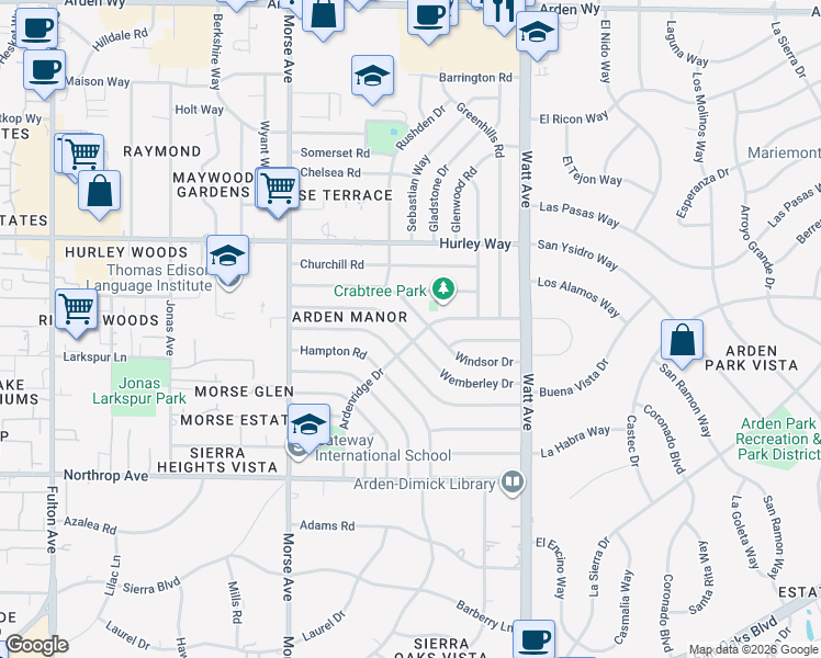 map of restaurants, bars, coffee shops, grocery stores, and more near 3253 Wemberley Drive in Sacramento