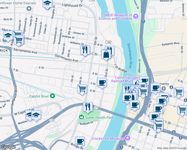 map of restaurants, bars, coffee shops, grocery stores, and more near 521 5th Street in West Sacramento