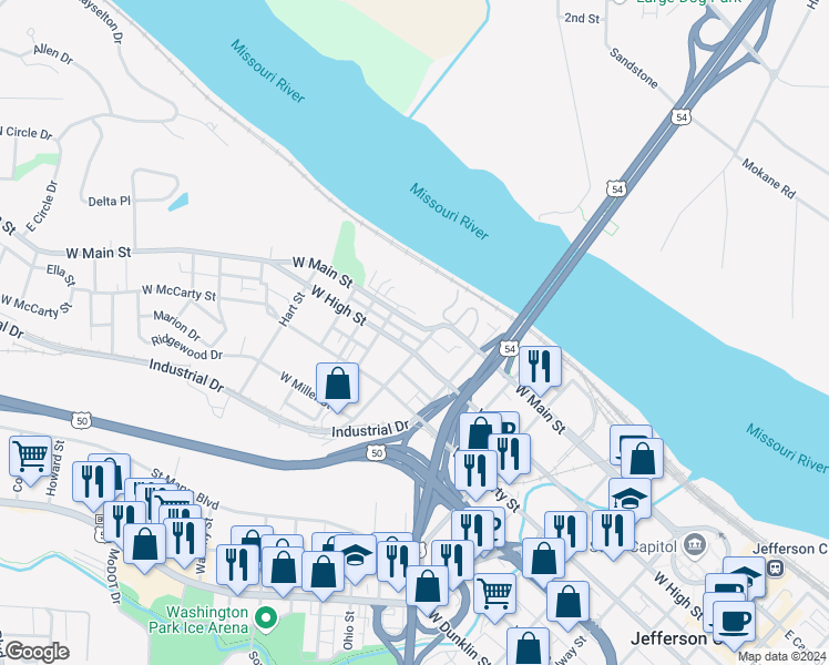 map of restaurants, bars, coffee shops, grocery stores, and more near 1015 W Main St in Jefferson City