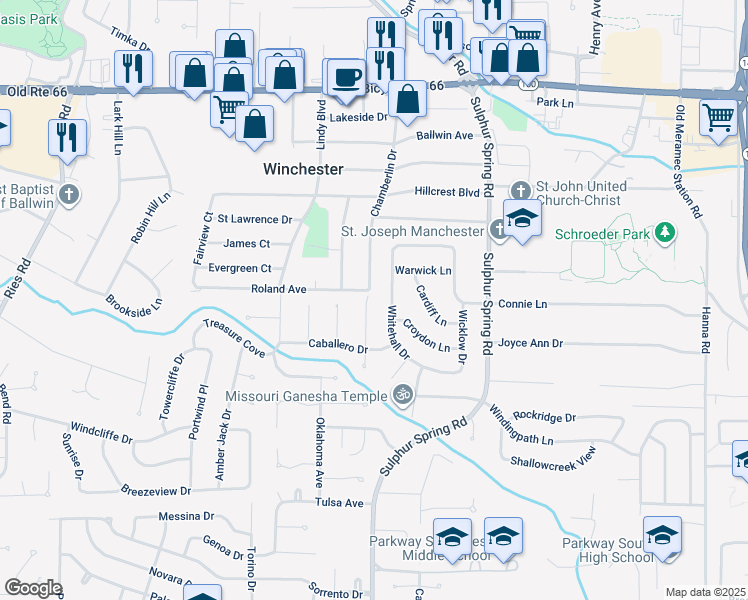 map of restaurants, bars, coffee shops, grocery stores, and more near 466 Chamberlin Drive in Ballwin