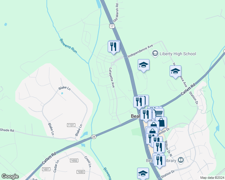 map of restaurants, bars, coffee shops, grocery stores, and more near 6566 Lafayette Avenue in Bealeton