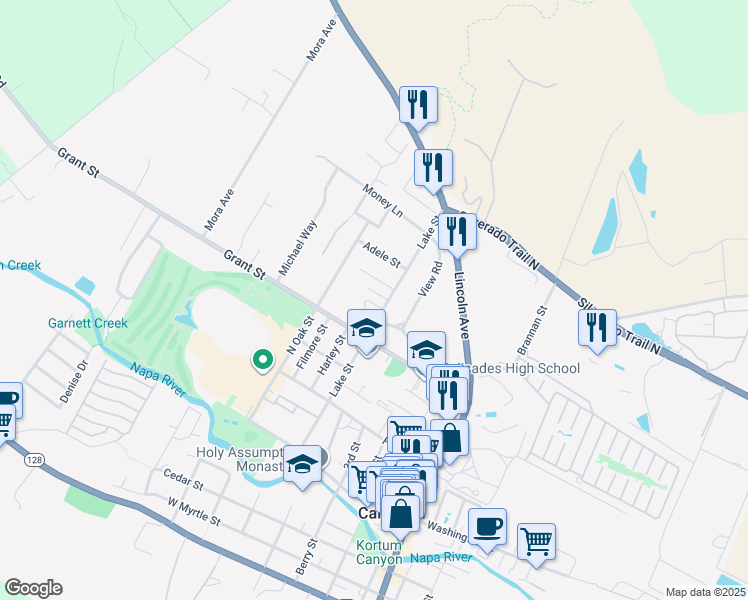 map of restaurants, bars, coffee shops, grocery stores, and more near 1809 Lake Street in Calistoga