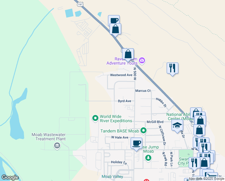 map of restaurants, bars, coffee shops, grocery stores, and more near 827 Palisade Drive in Moab