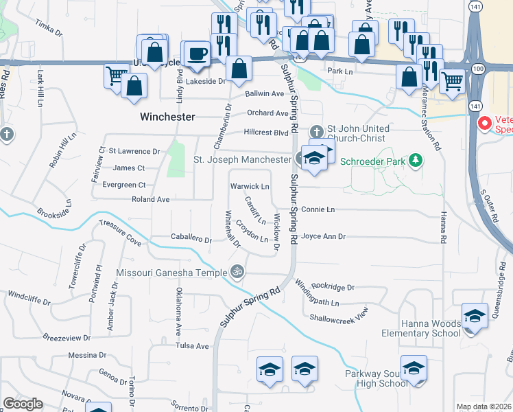 map of restaurants, bars, coffee shops, grocery stores, and more near 408 Cardiff Lane in Ballwin