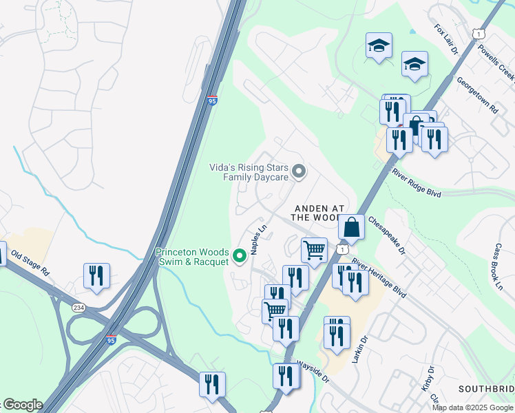 map of restaurants, bars, coffee shops, grocery stores, and more near 3401 Tuckahoe Court in Dumfries
