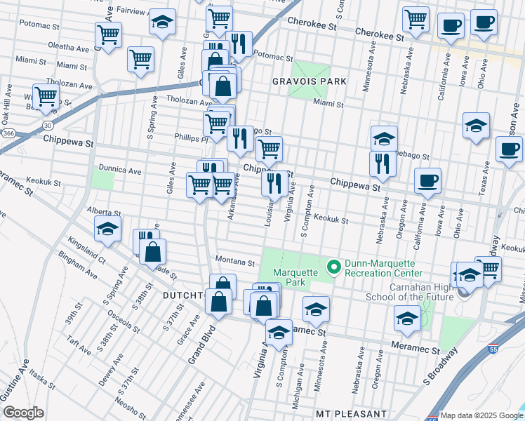 map of restaurants, bars, coffee shops, grocery stores, and more near 3408 Keokuk Street in St. Louis