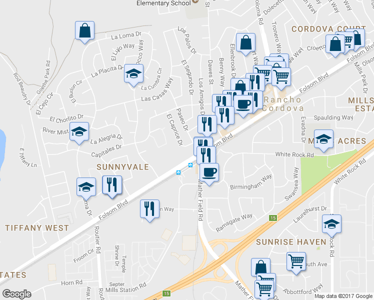 map of restaurants, bars, coffee shops, grocery stores, and more near 2764 El Caprice Drive in Rancho Cordova