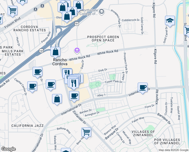 map of restaurants, bars, coffee shops, grocery stores, and more near 10857 Wraysbury Way in Rancho Cordova