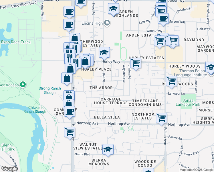 map of restaurants, bars, coffee shops, grocery stores, and more near 1130 Bell Street in Sacramento