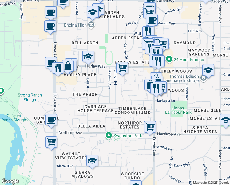 map of restaurants, bars, coffee shops, grocery stores, and more near 1121 Clinton Road in Sacramento
