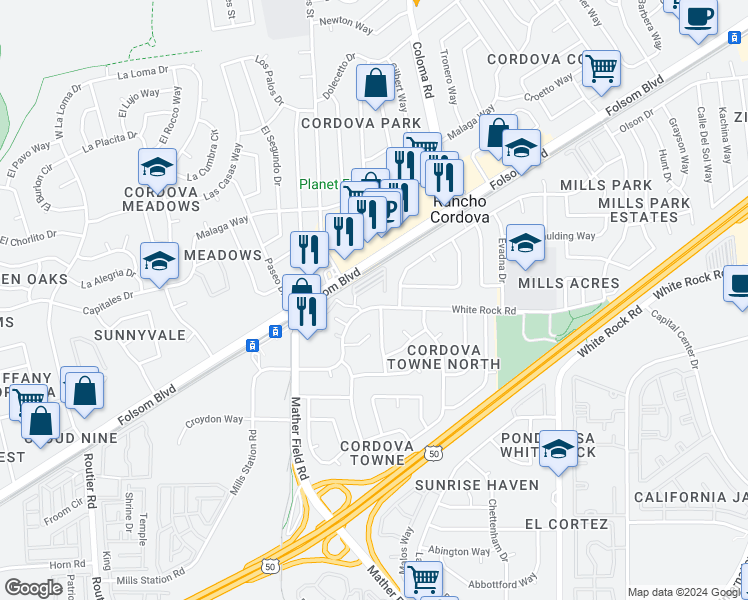 map of restaurants, bars, coffee shops, grocery stores, and more near 10335 White Rock Road in Rancho Cordova