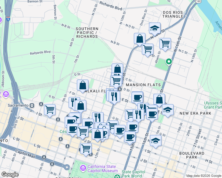 map of restaurants, bars, coffee shops, grocery stores, and more near 431 11th Street in Sacramento